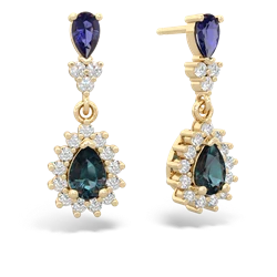 Lab Sapphire Halo Pear Dangle 14K Yellow Gold earrings E1882