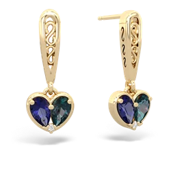 Lab Sapphire Filligree Heart 14K Yellow Gold earrings E5070