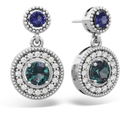 Lab Sapphire Halo Dangle 14K White Gold earrings E5319