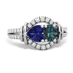 Lab Sapphire Art-Deco Keepsake 14K White Gold ring R5630