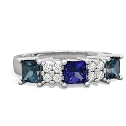 Lab Sapphire Three Stone Diamond Cluster 14K White Gold ring R2592