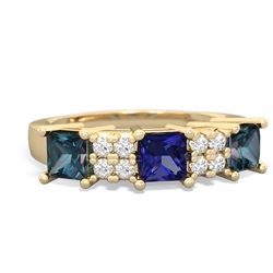 Lab Sapphire Three Stone Diamond Cluster 14K Yellow Gold ring R2592