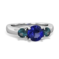 Lab Sapphire Three Stone Round Trellis 14K White Gold ring R4018