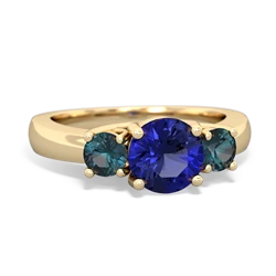 Lab Sapphire Three Stone Round Trellis 14K Yellow Gold ring R4018