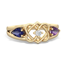 Lab Sapphire Hearts Intertwined 14K Yellow Gold ring R5880