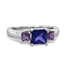 Lab Sapphire Three Stone Trellis 14K White Gold ring R4015