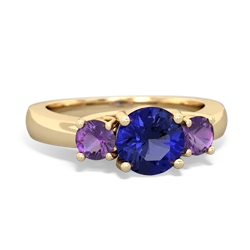 Lab Sapphire Three Stone Round Trellis 14K Yellow Gold ring R4018