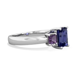 Lab Sapphire Three Stone Emerald-Cut Trellis 14K White Gold ring R4021