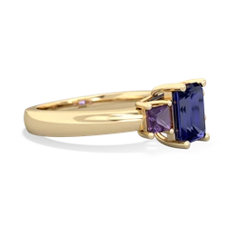 Lab Sapphire Three Stone Emerald-Cut Trellis 14K Yellow Gold ring R4021