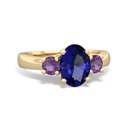 Lab Sapphire Three Stone Oval Trellis 14K Yellow Gold ring R4024