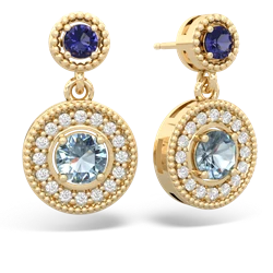 Lab Sapphire Halo Dangle 14K Yellow Gold earrings E5319