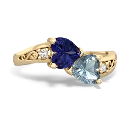 Lab Sapphire Snuggling Hearts 14K Yellow Gold ring R2178