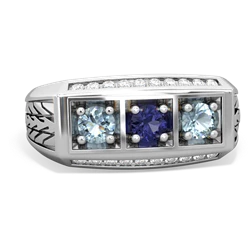 Lab Sapphire Three Stone Tire Tread Men's 14K White Gold ring R0520