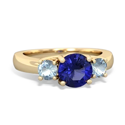 Lab Sapphire Three Stone Round Trellis 14K Yellow Gold ring R4018