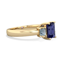 Lab Sapphire Three Stone Emerald-Cut Trellis 14K Yellow Gold ring R4021