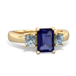 Lab Sapphire Three Stone Emerald-Cut Trellis 14K Yellow Gold ring R4021