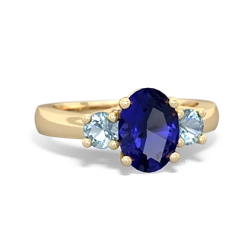 Lab Sapphire Three Stone Oval Trellis 14K Yellow Gold ring R4024