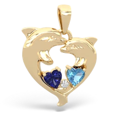 Lab Sapphire Dolphin Heart 14K Yellow Gold pendant P5820