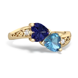 Lab Sapphire Snuggling Hearts 14K Yellow Gold ring R2178