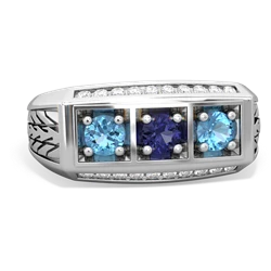 Lab Sapphire Three Stone Tire Tread Men's 14K White Gold ring R0520