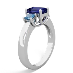 Lab Sapphire Three Stone Emerald-Cut Trellis 14K White Gold ring R4021