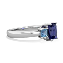 Lab Sapphire Three Stone Emerald-Cut Trellis 14K White Gold ring R4021