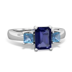 Lab Sapphire Three Stone Emerald-Cut Trellis 14K White Gold ring R4021