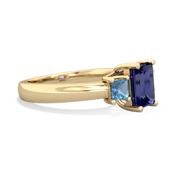 Lab Sapphire Three Stone Emerald-Cut Trellis 14K Yellow Gold ring R4021