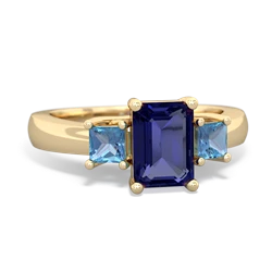 Lab Sapphire Three Stone Emerald-Cut Trellis 14K Yellow Gold ring R4021