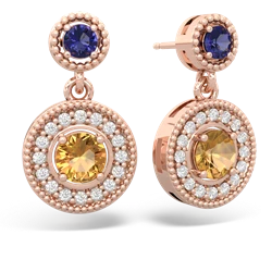 Lab Sapphire Halo Dangle 14K Rose Gold earrings E5319