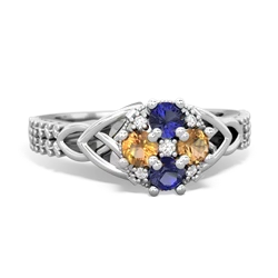 Lab Sapphire Celtic Knot Cluster Engagement 14K White Gold ring R26443RD