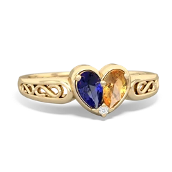 Lab Sapphire Filligree 'One Heart' 14K Yellow Gold ring R5070