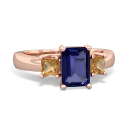 Lab Sapphire Three Stone Emerald-Cut Trellis 14K Rose Gold ring R4021