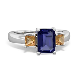 Lab Sapphire Three Stone Emerald-Cut Trellis 14K White Gold ring R4021