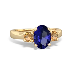 Lab Sapphire Three Stone Oval Trellis 14K Yellow Gold ring R4024