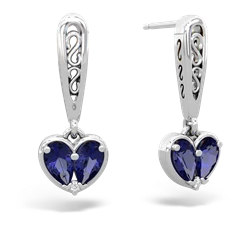 Lab Sapphire Filligree Heart 14K White Gold earrings E5070