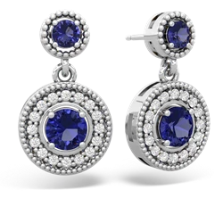 Lab Sapphire Halo Dangle 14K White Gold earrings E5319