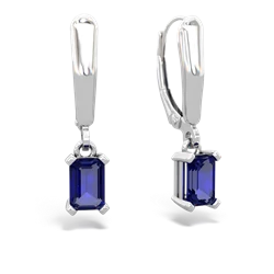 Lab Sapphire 6X4mm Emerald-Cut Lever Back 14K White Gold earrings E2855