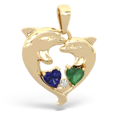 Lab Sapphire Dolphin Heart 14K Yellow Gold pendant P5820