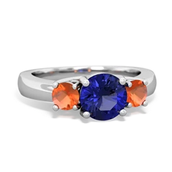 Lab Sapphire Three Stone Round Trellis 14K White Gold ring R4018