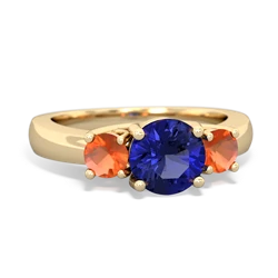 Lab Sapphire Three Stone Round Trellis 14K Yellow Gold ring R4018