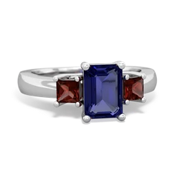 Lab Sapphire Three Stone Emerald-Cut Trellis 14K White Gold ring R4021