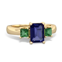 Lab Sapphire Three Stone Emerald-Cut Trellis 14K Yellow Gold ring R4021