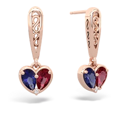 Lab Sapphire Filligree Heart 14K Rose Gold earrings E5070