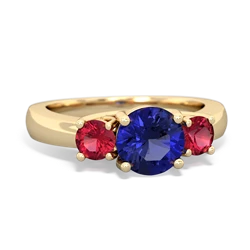 Lab Sapphire Three Stone Round Trellis 14K Yellow Gold ring R4018