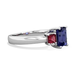 Lab Sapphire Three Stone Emerald-Cut Trellis 14K White Gold ring R4021