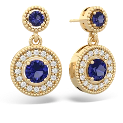 Lab Sapphire Halo Dangle 14K Yellow Gold earrings E5319