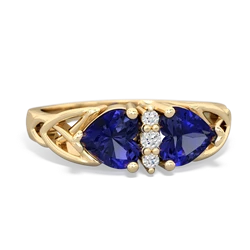 Lab Sapphire Celtic Knot Double Heart 14K Yellow Gold ring R5040