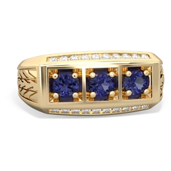 Sapphire Three Stone Tire Tread Men's 14K Yellow Gold ring R0520