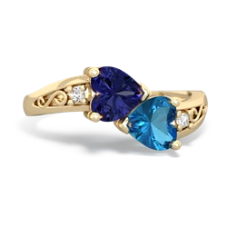 Lab Sapphire Snuggling Hearts 14K Yellow Gold ring R2178